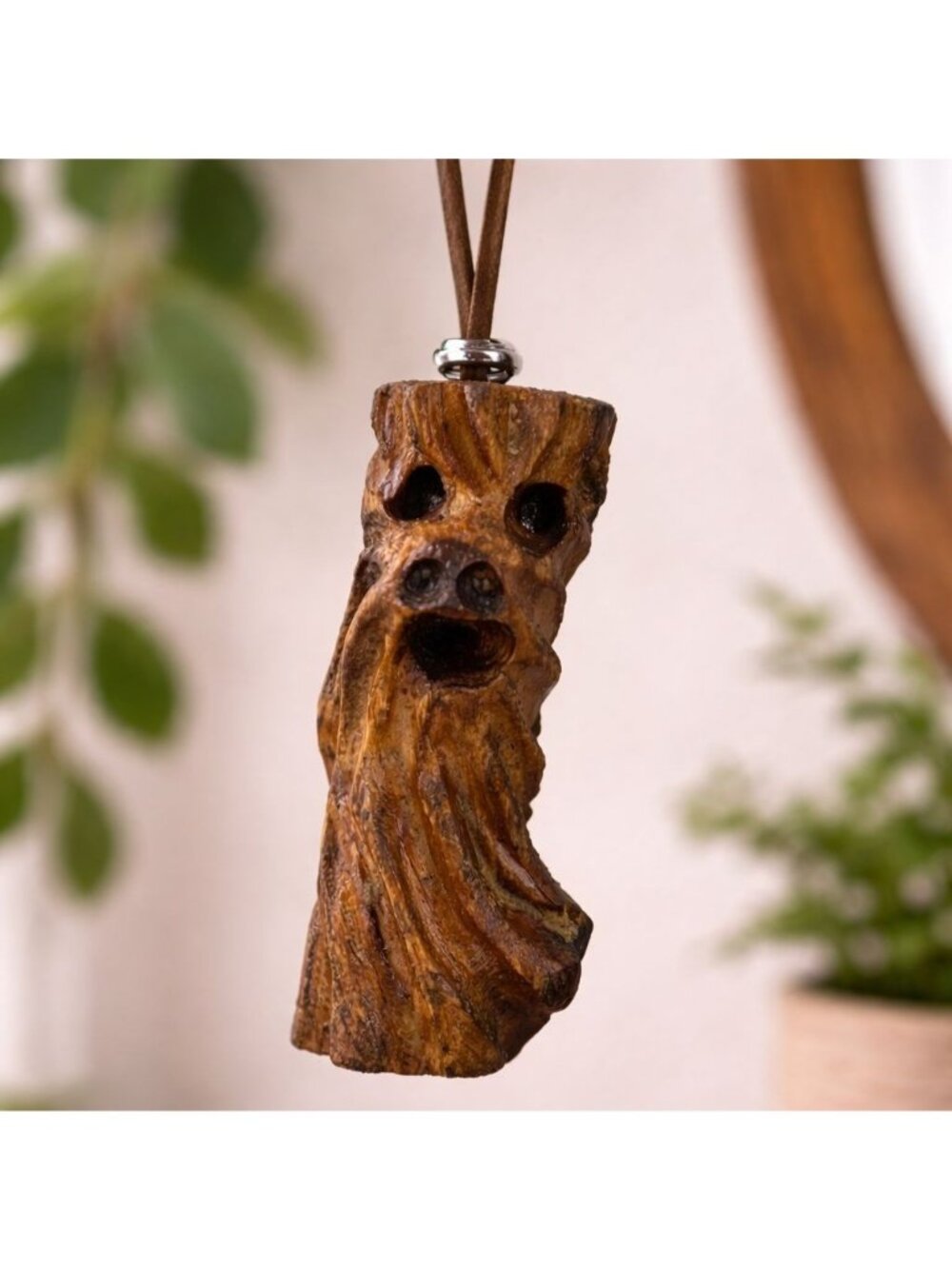 Hand-Carved Wood Spirit Pendant With Leather Cord Necklace Rustic Folk Art 3" Lo